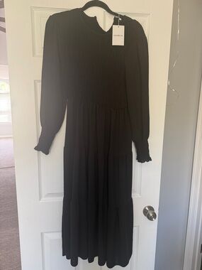 Black Smocked Long Sleeve Midi Dress